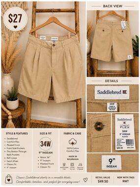 Saddlebred Men’s Hetch Khaki Flat Front Shorts Size 34” Waist NWT Classic Fit